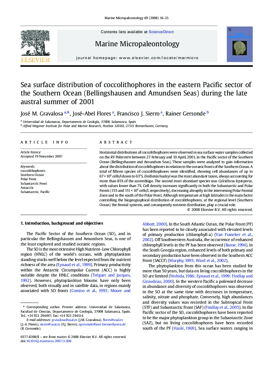 Sea surface distribution of coccolithophores in the eastern Pacific sector of the Southern Ocean (Bellingshausen and Amundsen Seas) during the late austral summer of 2001