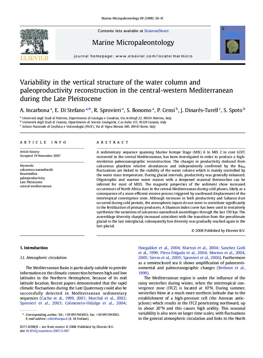 Variability in the vertical structure of the water column and paleoproductivity reconstruction in the central-western Mediterranean during the Late Pleistocene