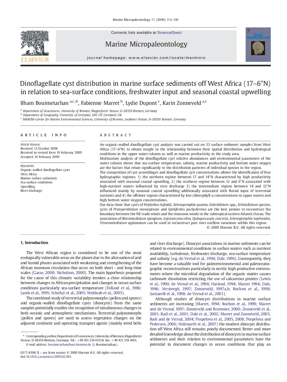 Dinoflagellate cyst distribution in marine surface sediments off West Africa (17–6°N) in relation to sea-surface conditions, freshwater input and seasonal coastal upwelling