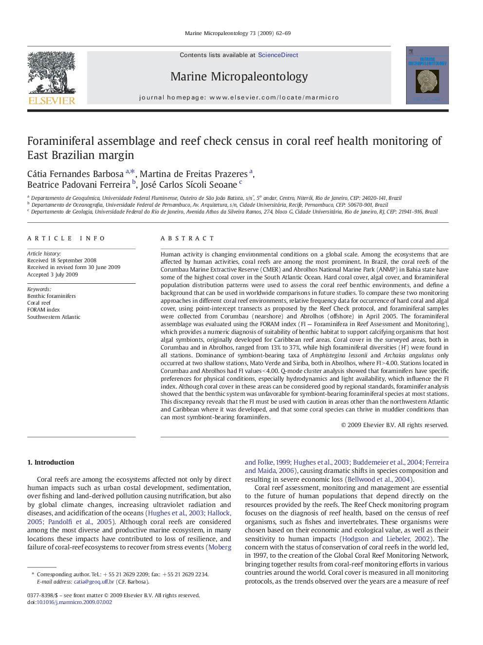 Foraminiferal assemblage and reef check census in coral reef health monitoring of East Brazilian margin