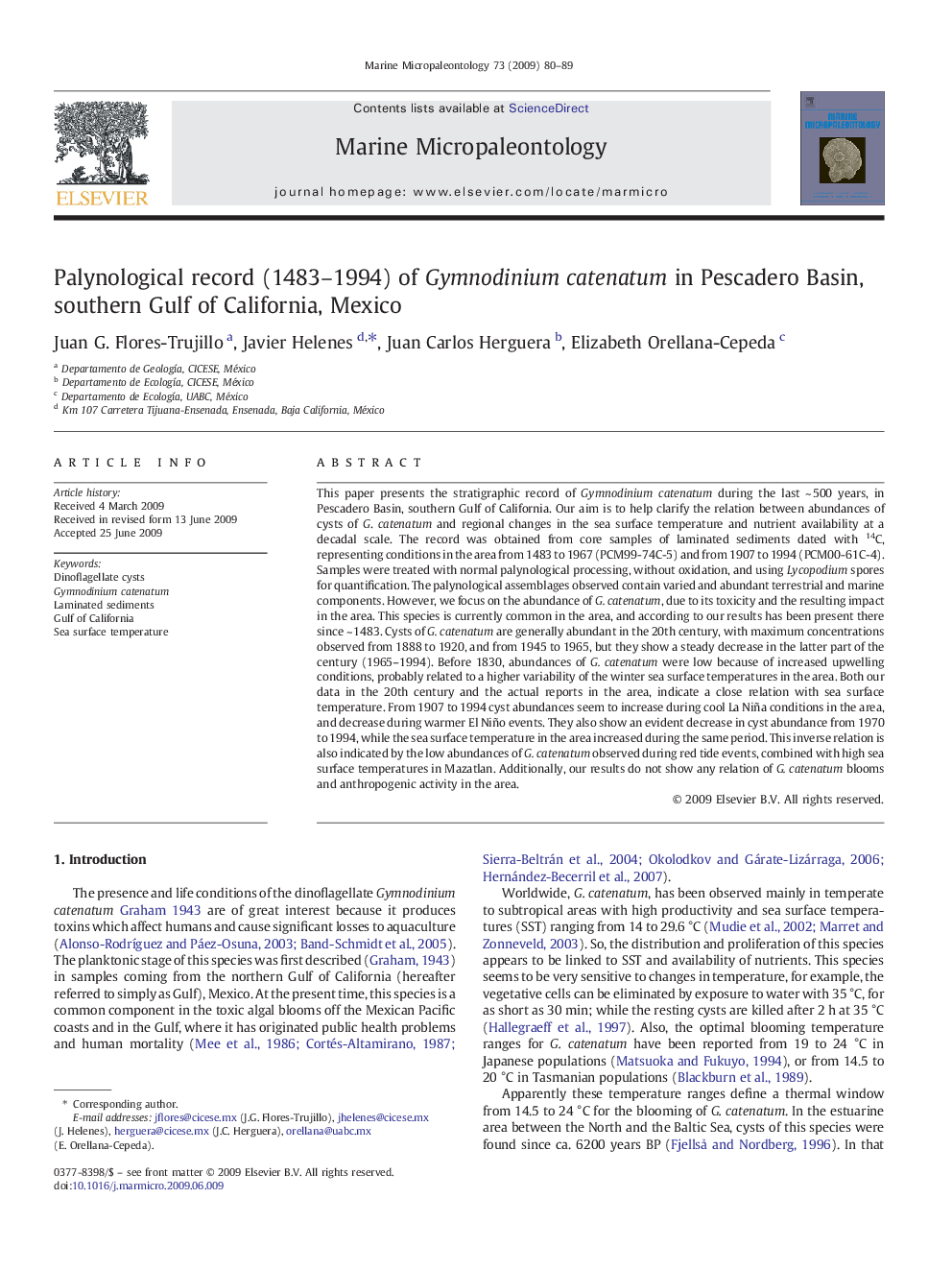 Palynological record (1483–1994) of Gymnodinium catenatum in Pescadero Basin, southern Gulf of California, Mexico