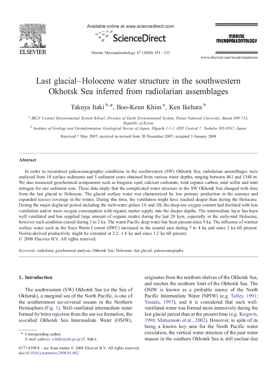 Last glacial–Holocene water structure in the southwestern Okhotsk Sea inferred from radiolarian assemblages