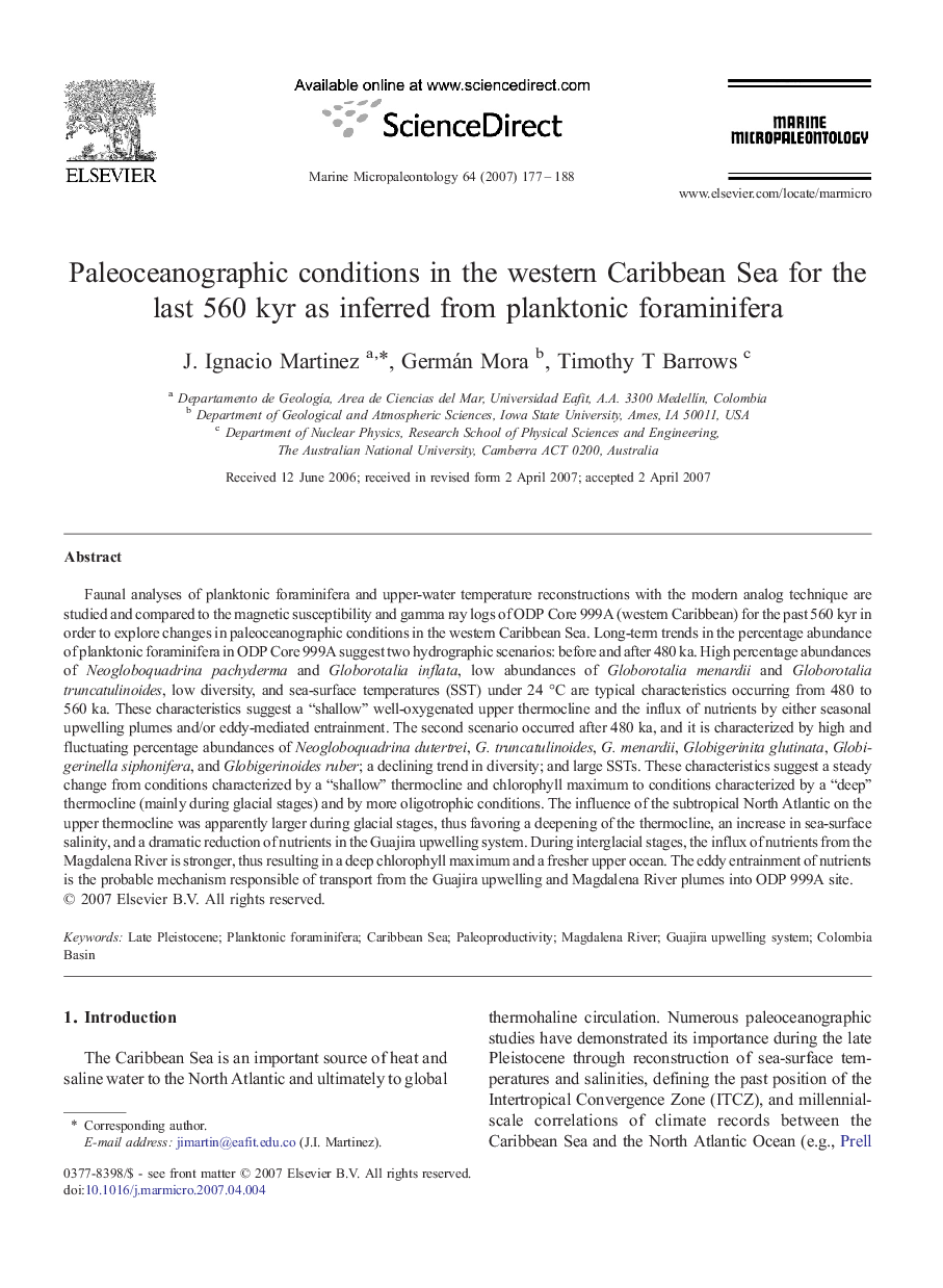 Paleoceanographic conditions in the western Caribbean Sea for the last 560 kyr as inferred from planktonic foraminifera