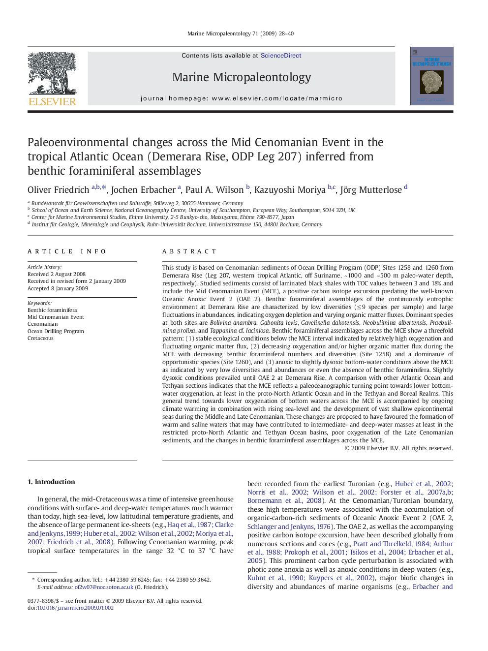 Paleoenvironmental changes across the Mid Cenomanian Event in the tropical Atlantic Ocean (Demerara Rise, ODP Leg 207) inferred from benthic foraminiferal assemblages