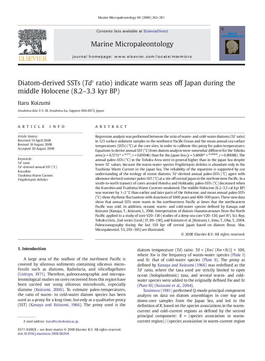 Diatom-derived SSTs (Td′ ratio) indicate warm seas off Japan during the middle Holocene (8.2–3.3 kyr BP)