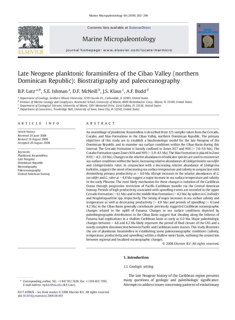 Late Neogene planktonic foraminifera of the Cibao Valley (northern Dominican Republic): Biostratigraphy and paleoceanography