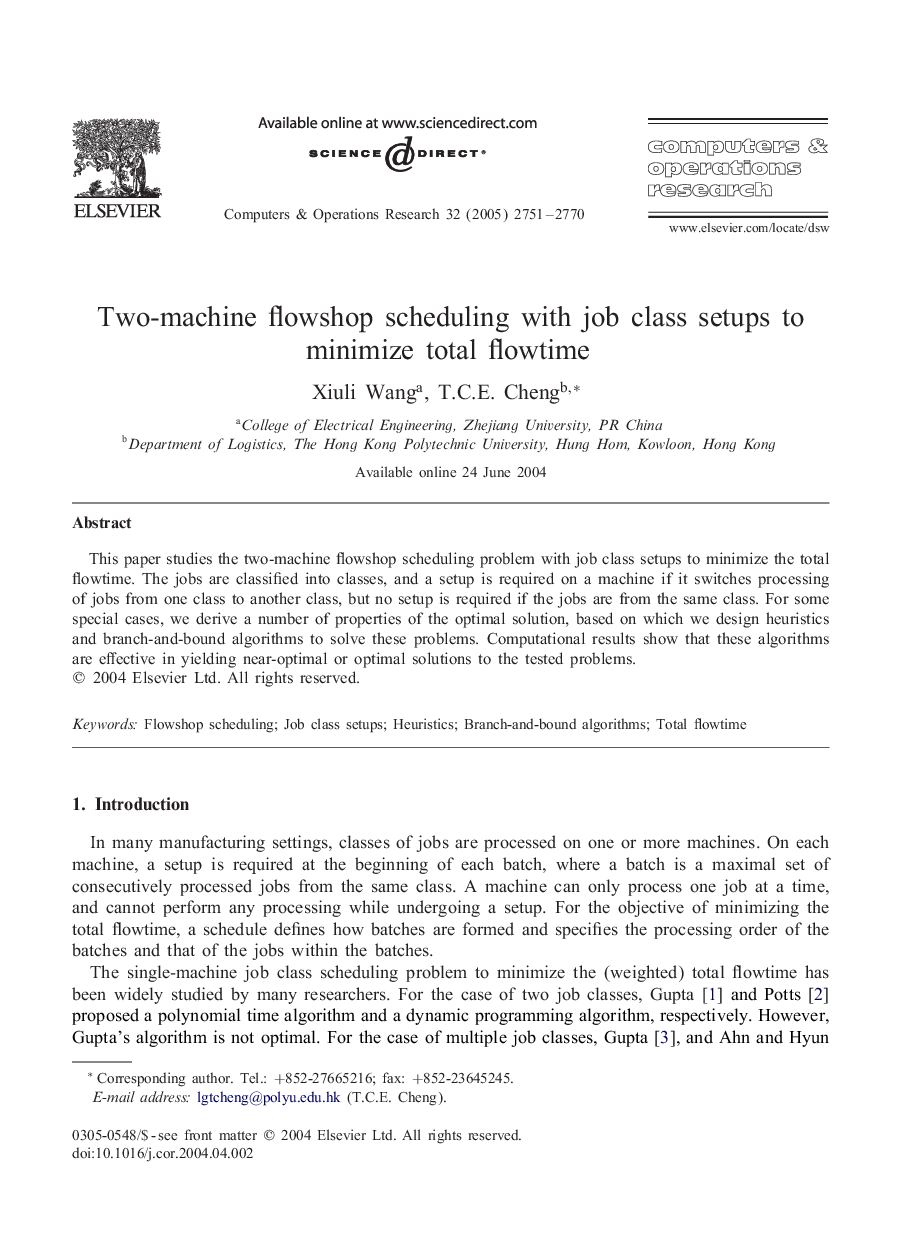 Two-machine flowshop scheduling with job class setups to minimize total flowtime