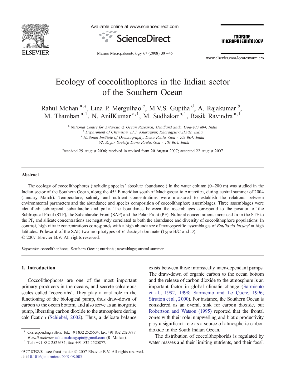 Ecology of coccolithophores in the Indian sector of the Southern Ocean