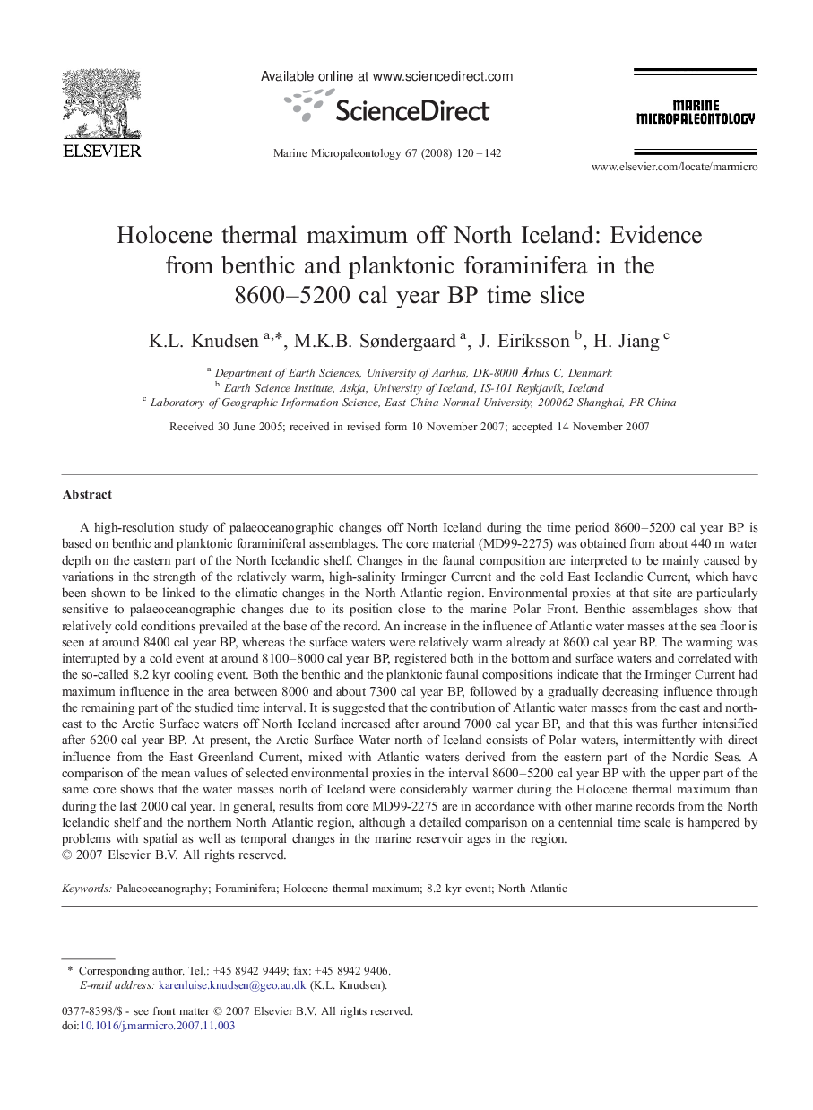 Holocene thermal maximum off North Iceland: Evidence from benthic and planktonic foraminifera in the 8600–5200 cal year BP time slice