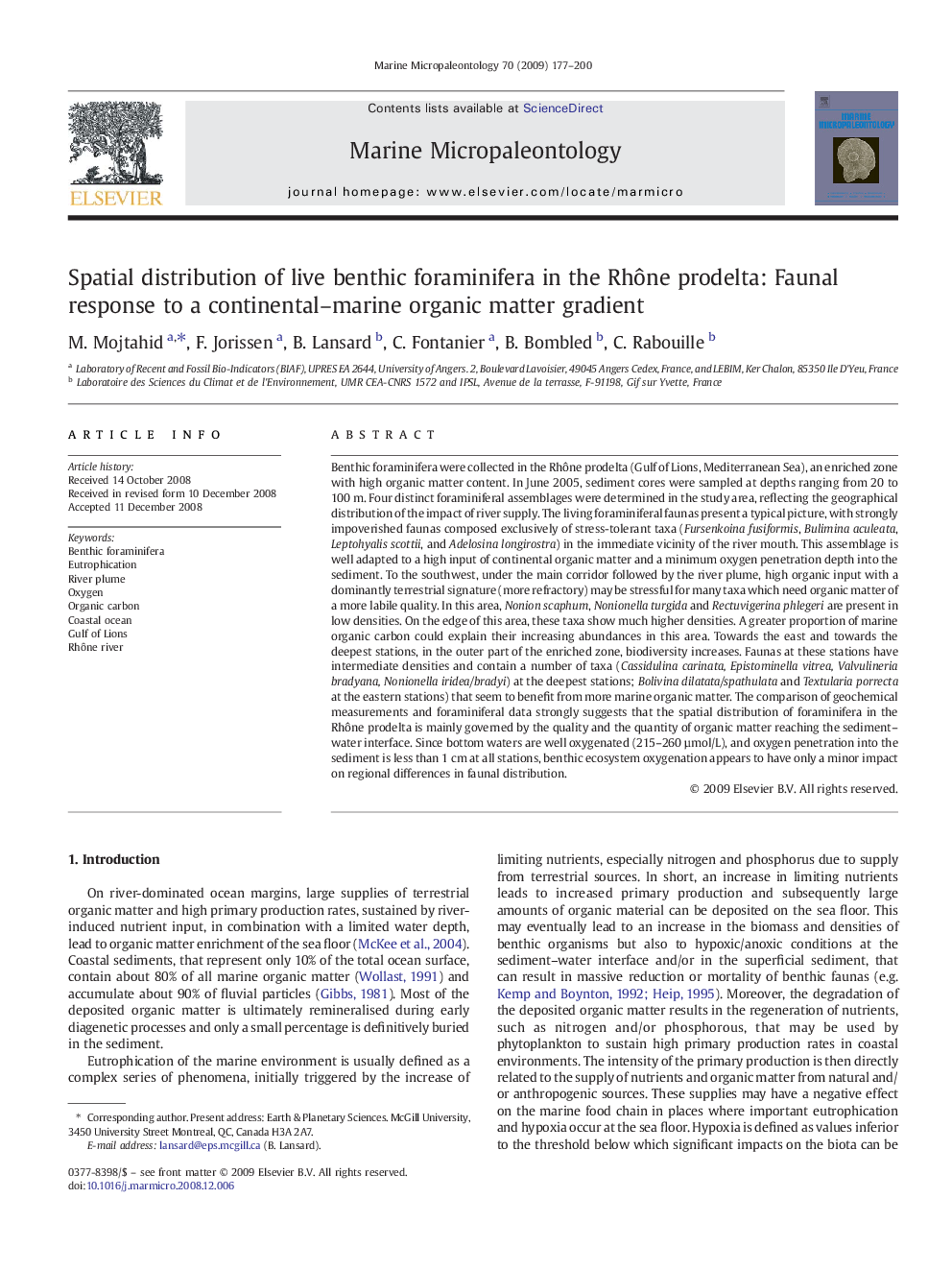 Spatial distribution of live benthic foraminifera in the Rhône prodelta: Faunal response to a continental–marine organic matter gradient