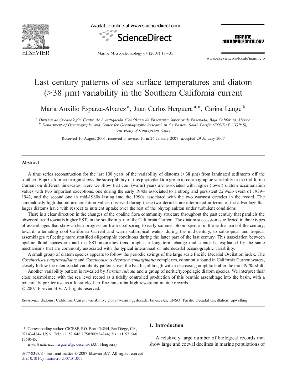 Last century patterns of sea surface temperatures and diatom (> 38 μm) variability in the Southern California current