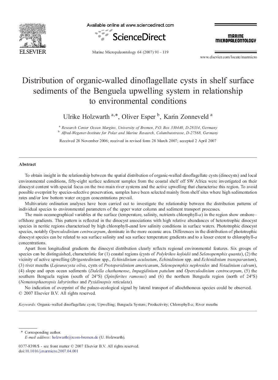 Distribution of organic-walled dinoflagellate cysts in shelf surface sediments of the Benguela upwelling system in relationship to environmental conditions