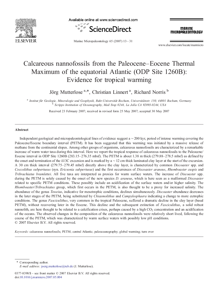 Calcareous nannofossils from the Paleocene–Eocene Thermal Maximum of the equatorial Atlantic (ODP Site 1260B): Evidence for tropical warming