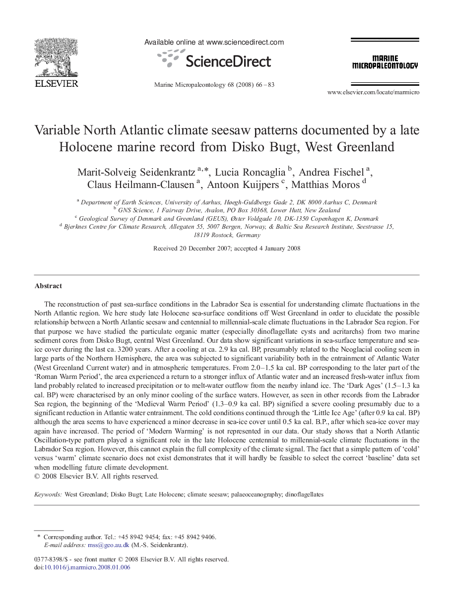 Variable North Atlantic climate seesaw patterns documented by a late Holocene marine record from Disko Bugt, West Greenland