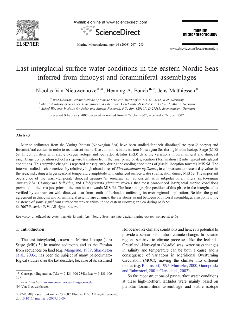 Last interglacial surface water conditions in the eastern Nordic Seas inferred from dinocyst and foraminiferal assemblages