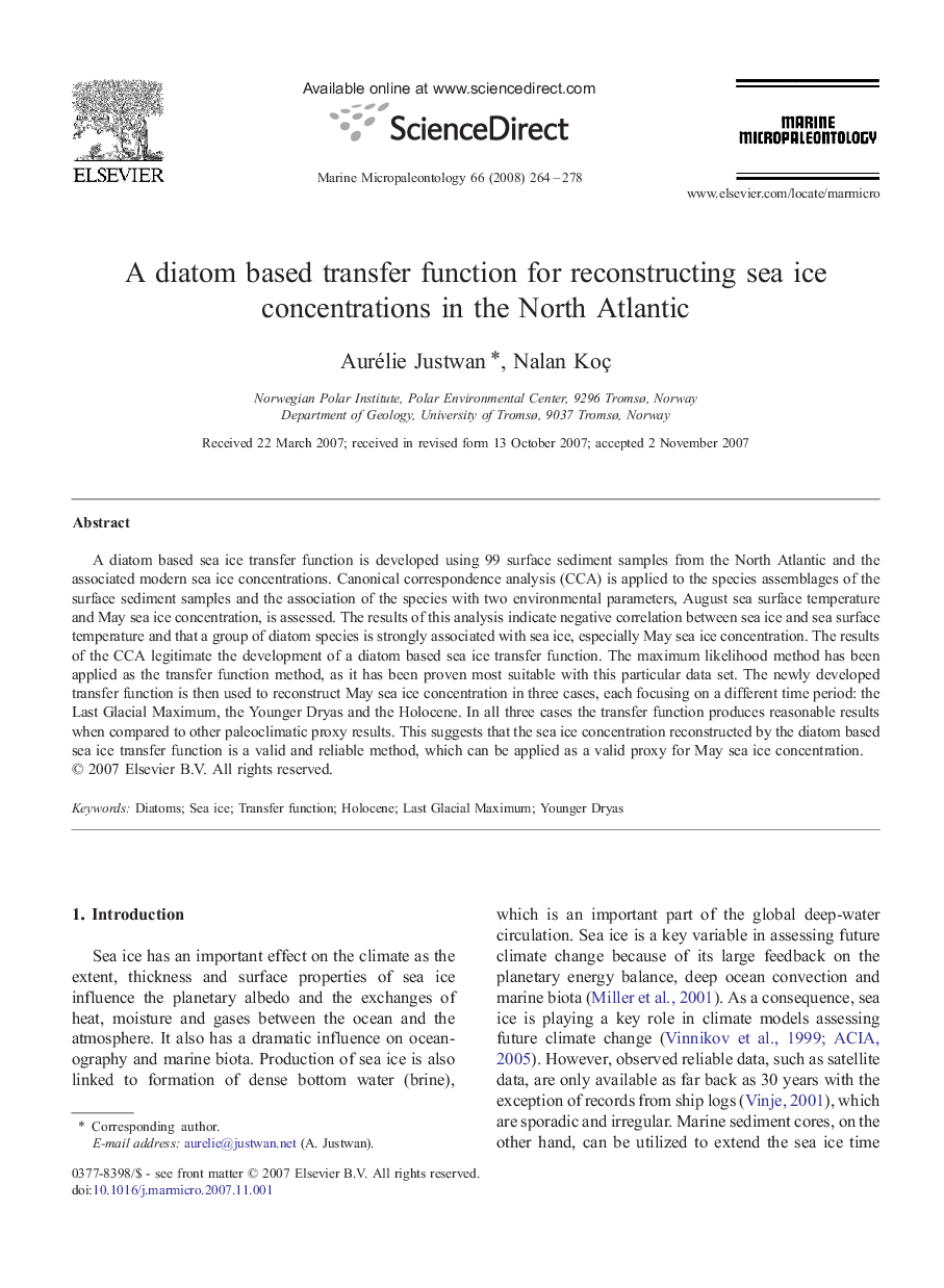 A diatom based transfer function for reconstructing sea ice concentrations in the North Atlantic