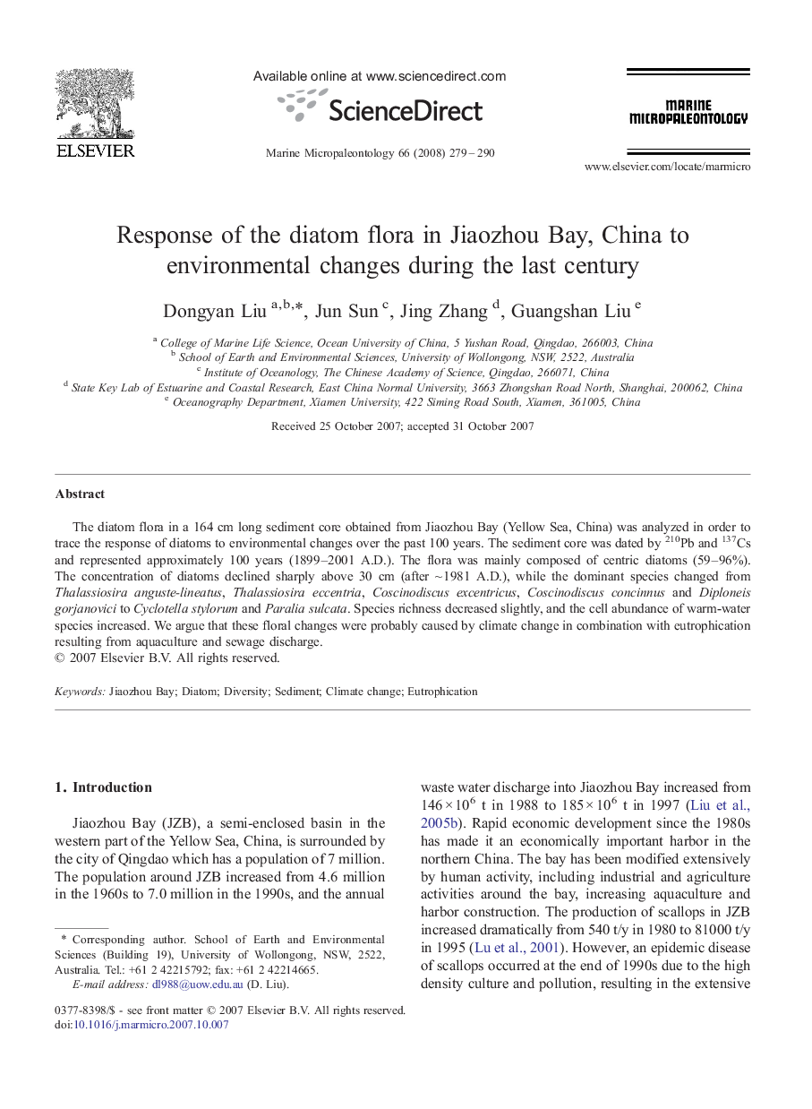 Response of the diatom flora in Jiaozhou Bay, China to environmental changes during the last century