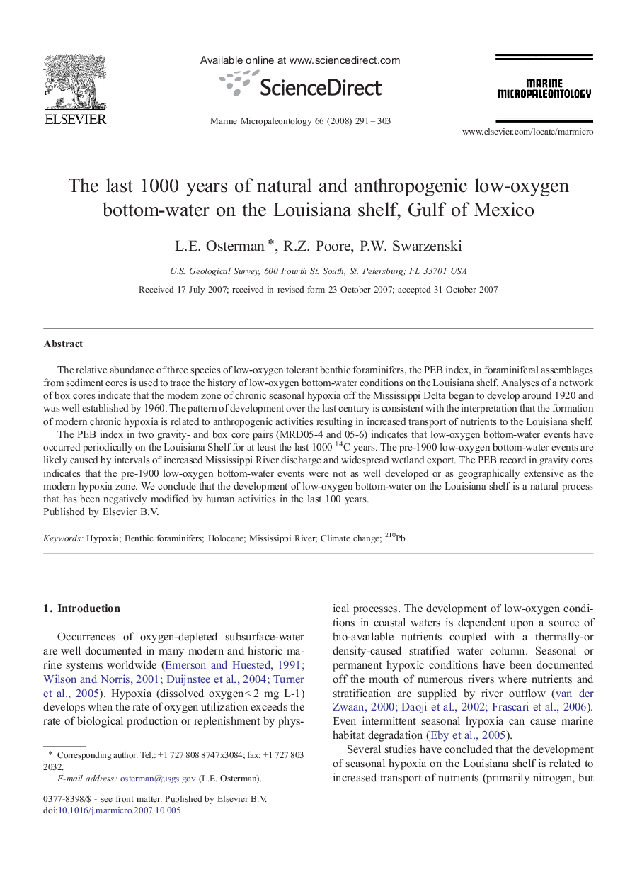 The last 1000 years of natural and anthropogenic low-oxygen bottom-water on the Louisiana shelf, Gulf of Mexico