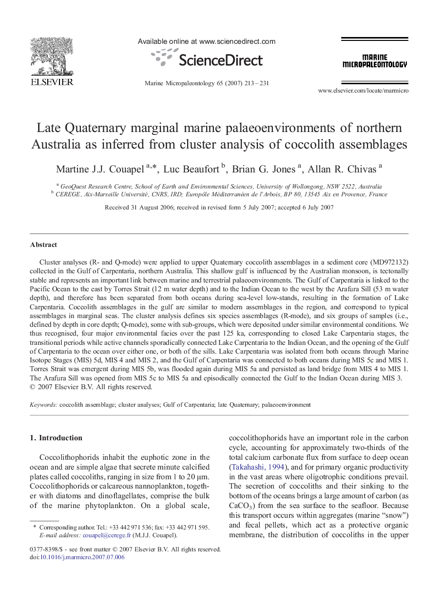 Late Quaternary marginal marine palaeoenvironments of northern Australia as inferred from cluster analysis of coccolith assemblages