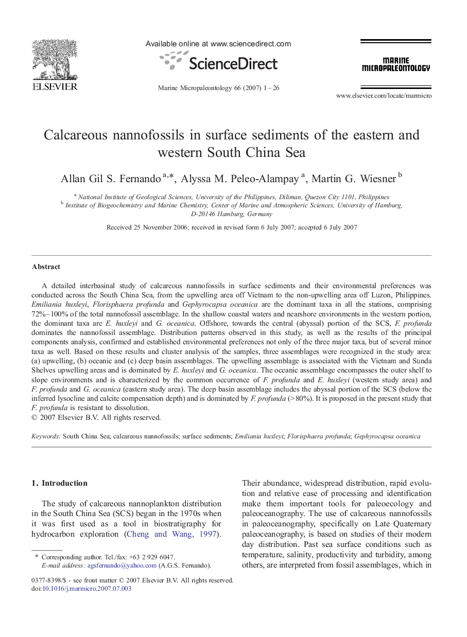 Calcareous nannofossils in surface sediments of the eastern and western South China Sea