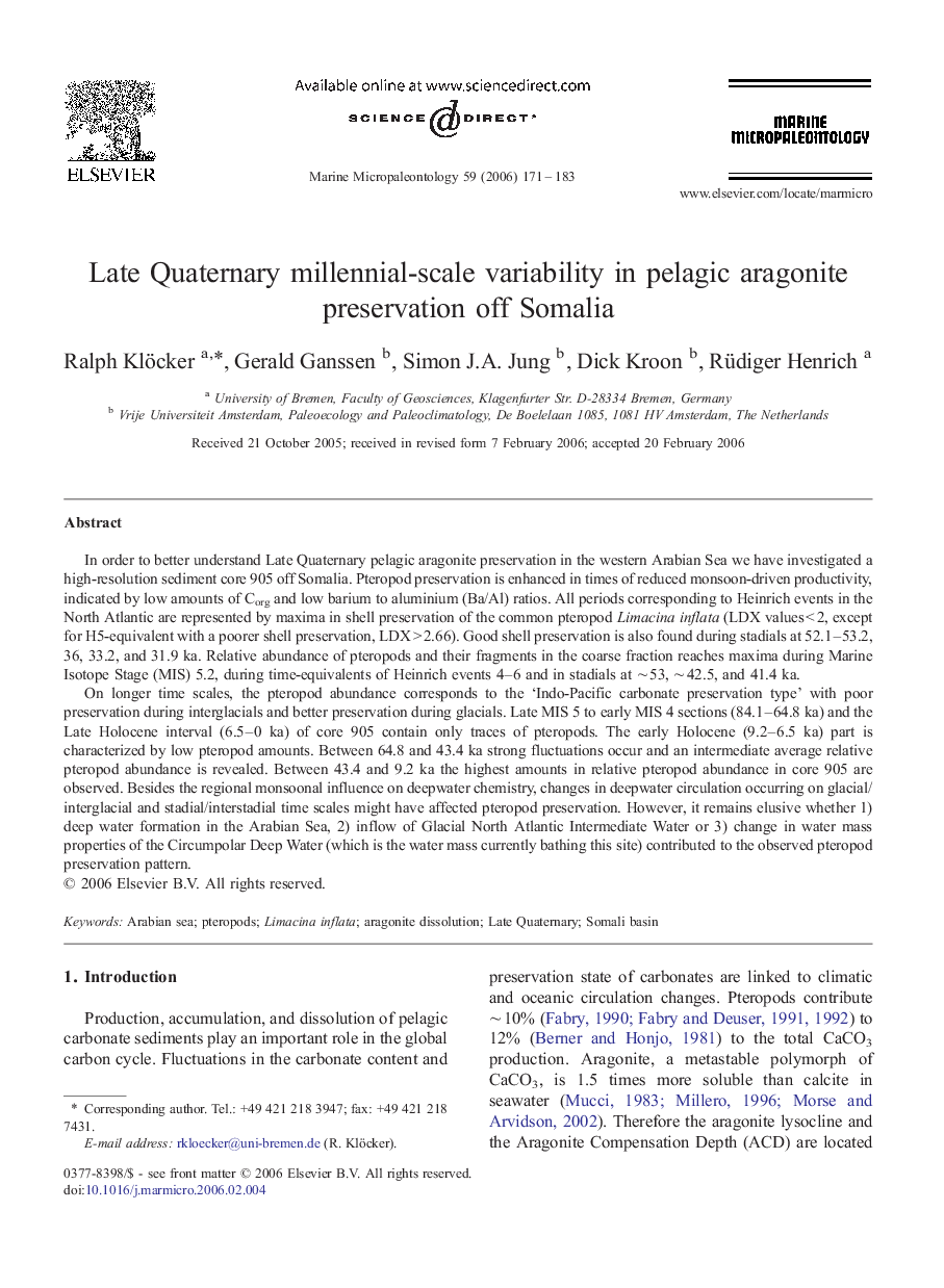 Late Quaternary millennial-scale variability in pelagic aragonite preservation off Somalia