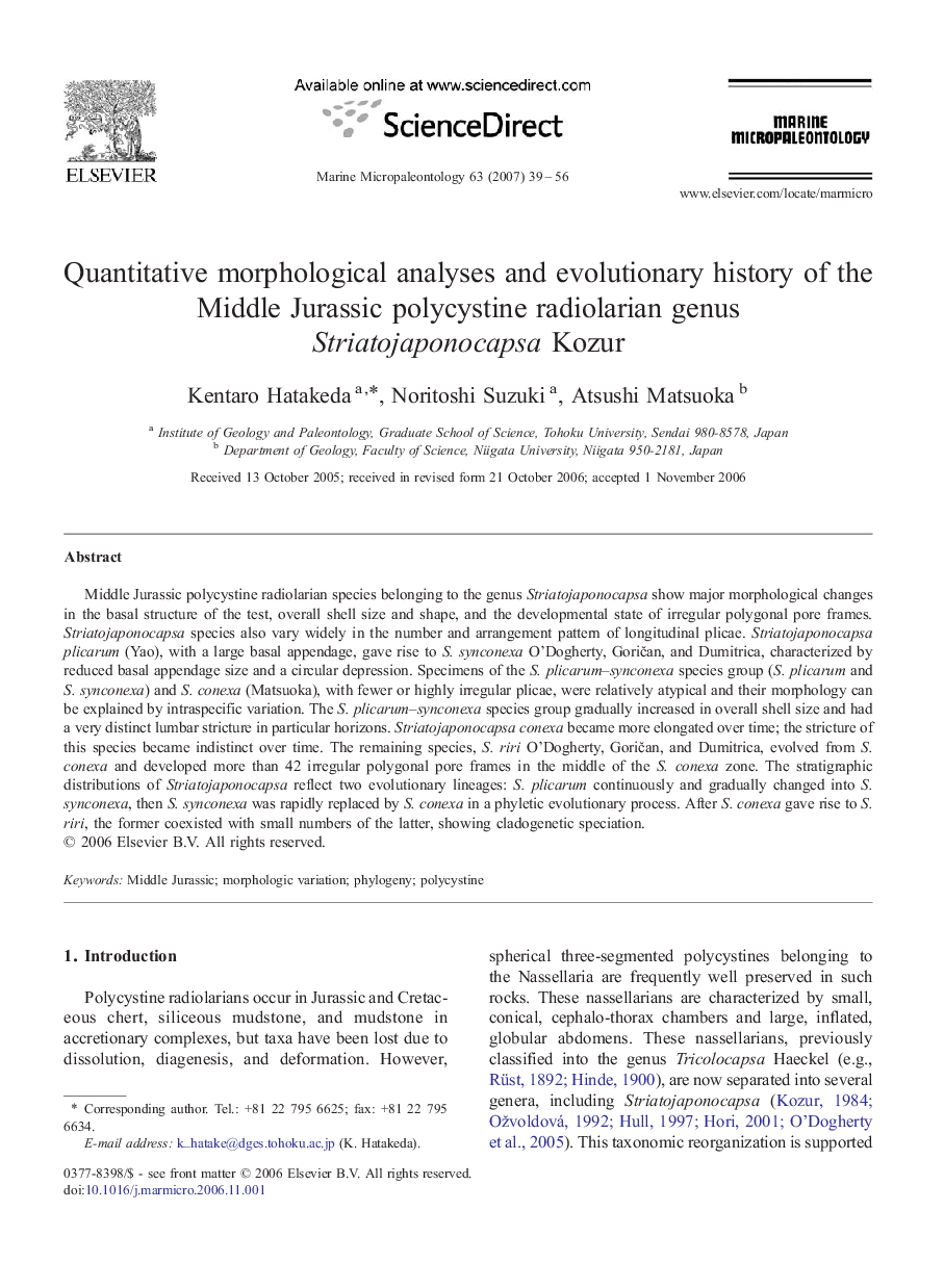 Quantitative morphological analyses and evolutionary history of the Middle Jurassic polycystine radiolarian genus Striatojaponocapsa Kozur