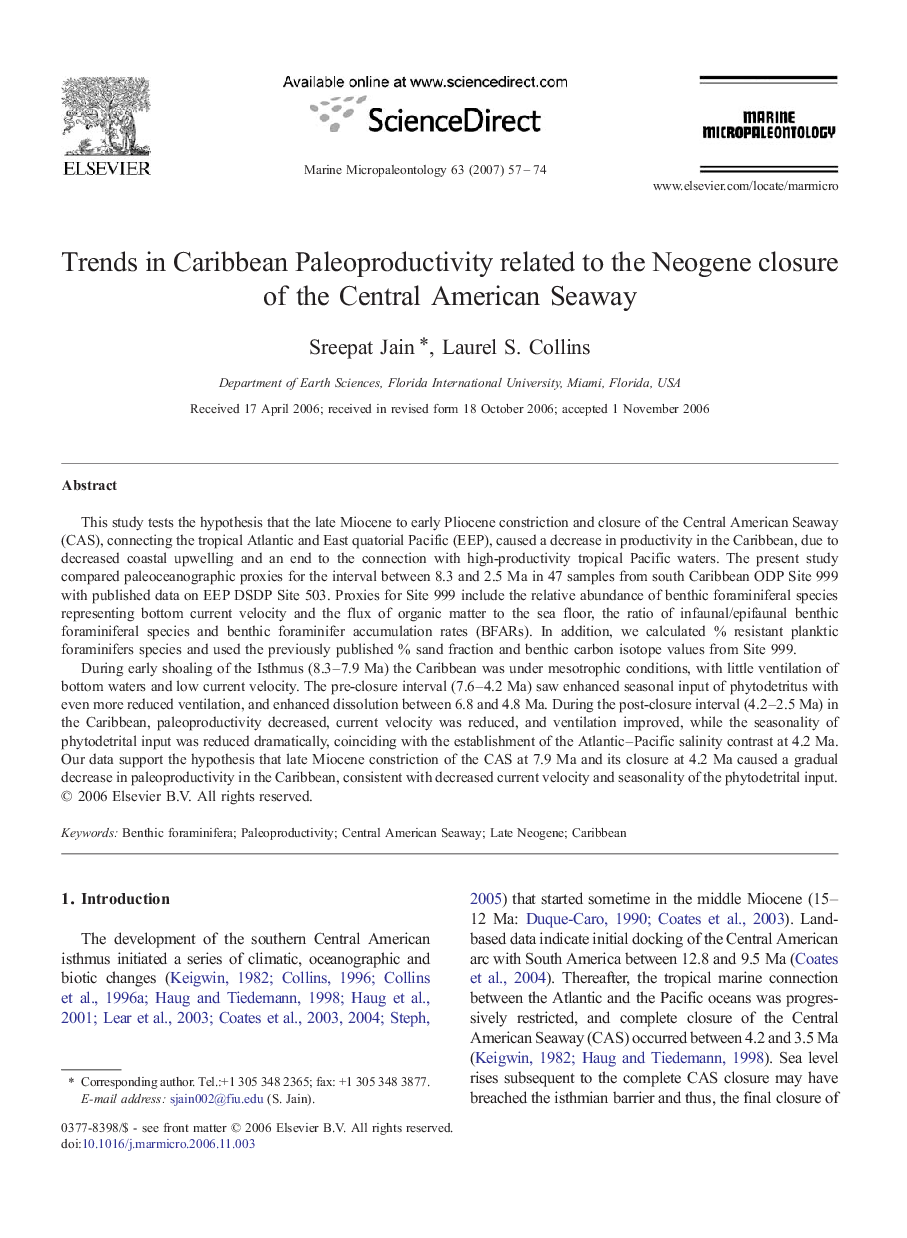 Trends in Caribbean Paleoproductivity related to the Neogene closure of the Central American Seaway