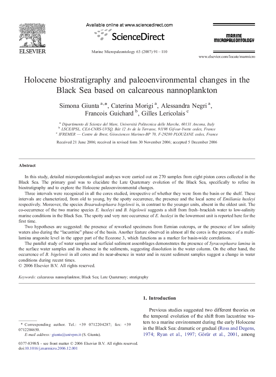 Holocene biostratigraphy and paleoenvironmental changes in the Black Sea based on calcareous nannoplankton