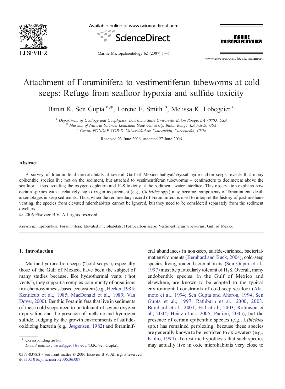 Attachment of Foraminifera to vestimentiferan tubeworms at cold seeps: Refuge from seafloor hypoxia and sulfide toxicity