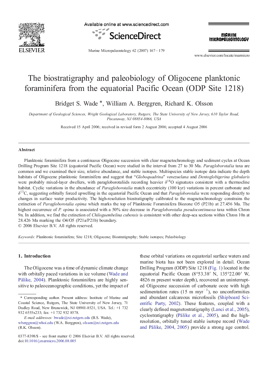 The biostratigraphy and paleobiology of Oligocene planktonic foraminifera from the equatorial Pacific Ocean (ODP Site 1218)