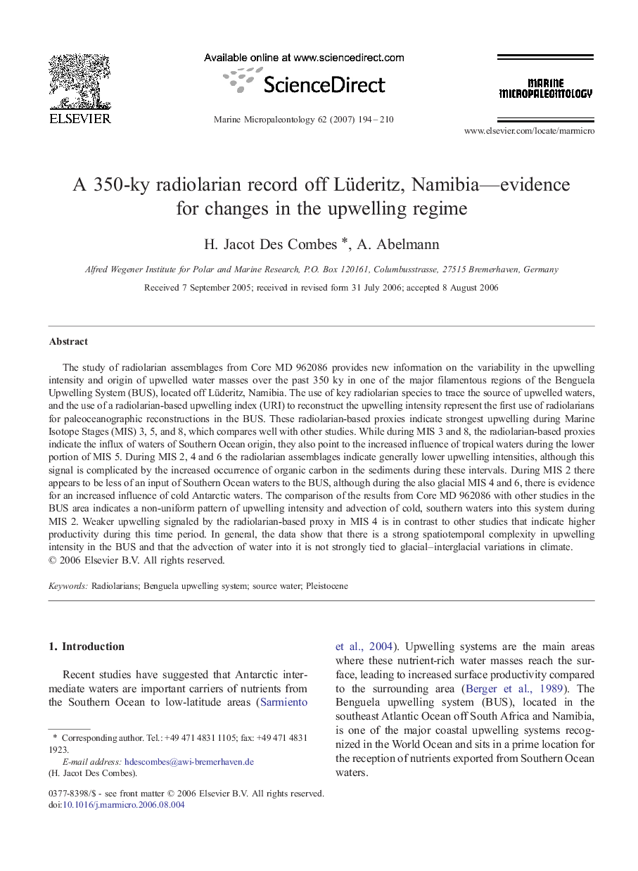 A 350-ky radiolarian record off Lüderitz, Namibia—evidence for changes in the upwelling regime