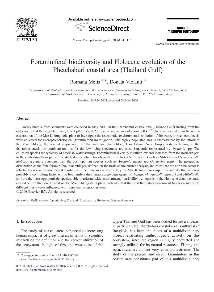 Foraminiferal biodiversity and Holocene evolution of the Phetchaburi coastal area (Thailand Gulf)