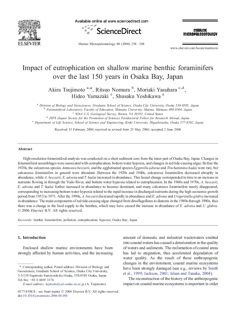 Impact of eutrophication on shallow marine benthic foraminifers over the last 150 years in Osaka Bay, Japan