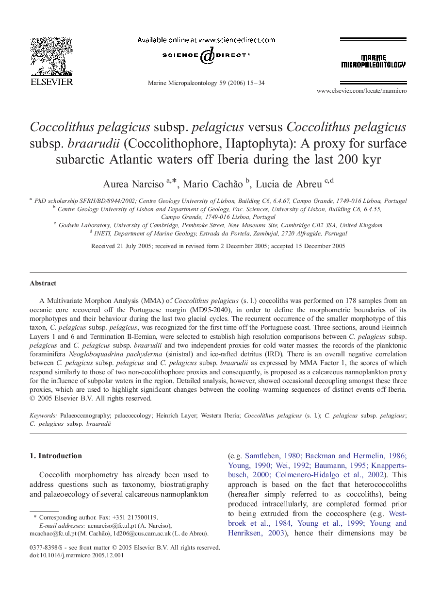 Coccolithus pelagicus subsp. pelagicus versus Coccolithus pelagicus subsp. braarudii (Coccolithophore, Haptophyta): A proxy for surface subarctic Atlantic waters off Iberia during the last 200 kyr