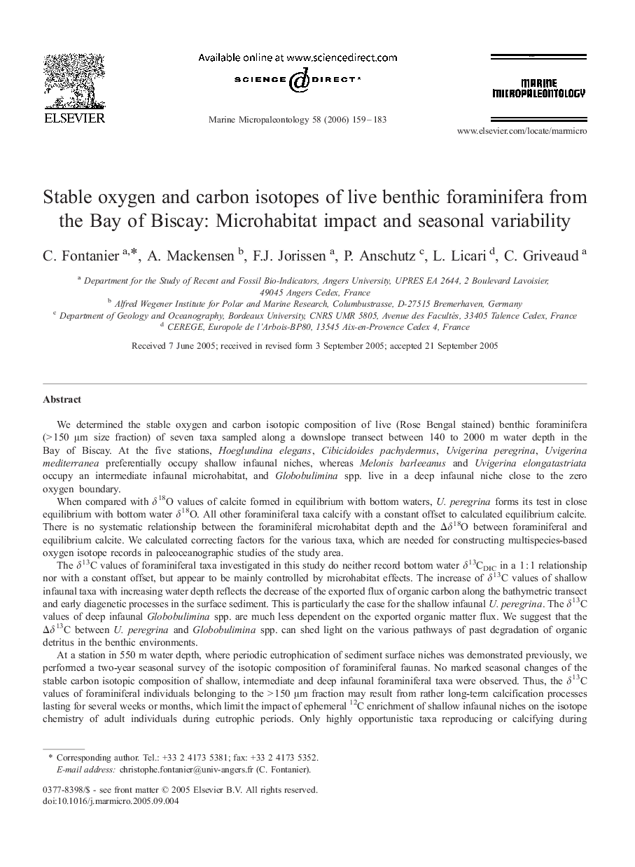 Stable oxygen and carbon isotopes of live benthic foraminifera from the Bay of Biscay: Microhabitat impact and seasonal variability