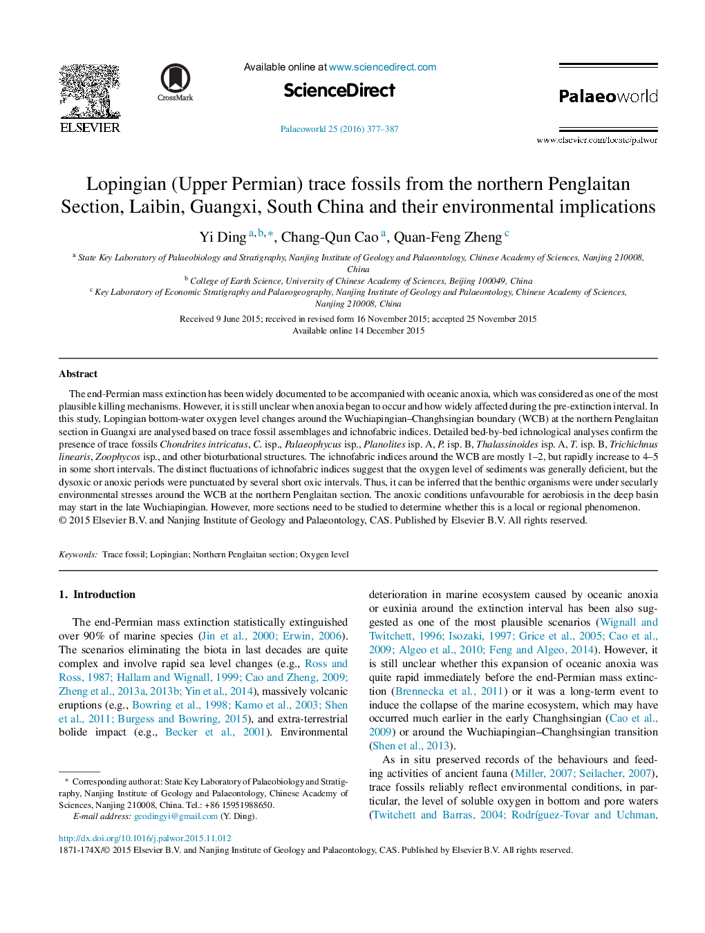 Lopingian (Upper Permian) trace fossils from the northern Penglaitan Section, Laibin, Guangxi, South China and their environmental implications