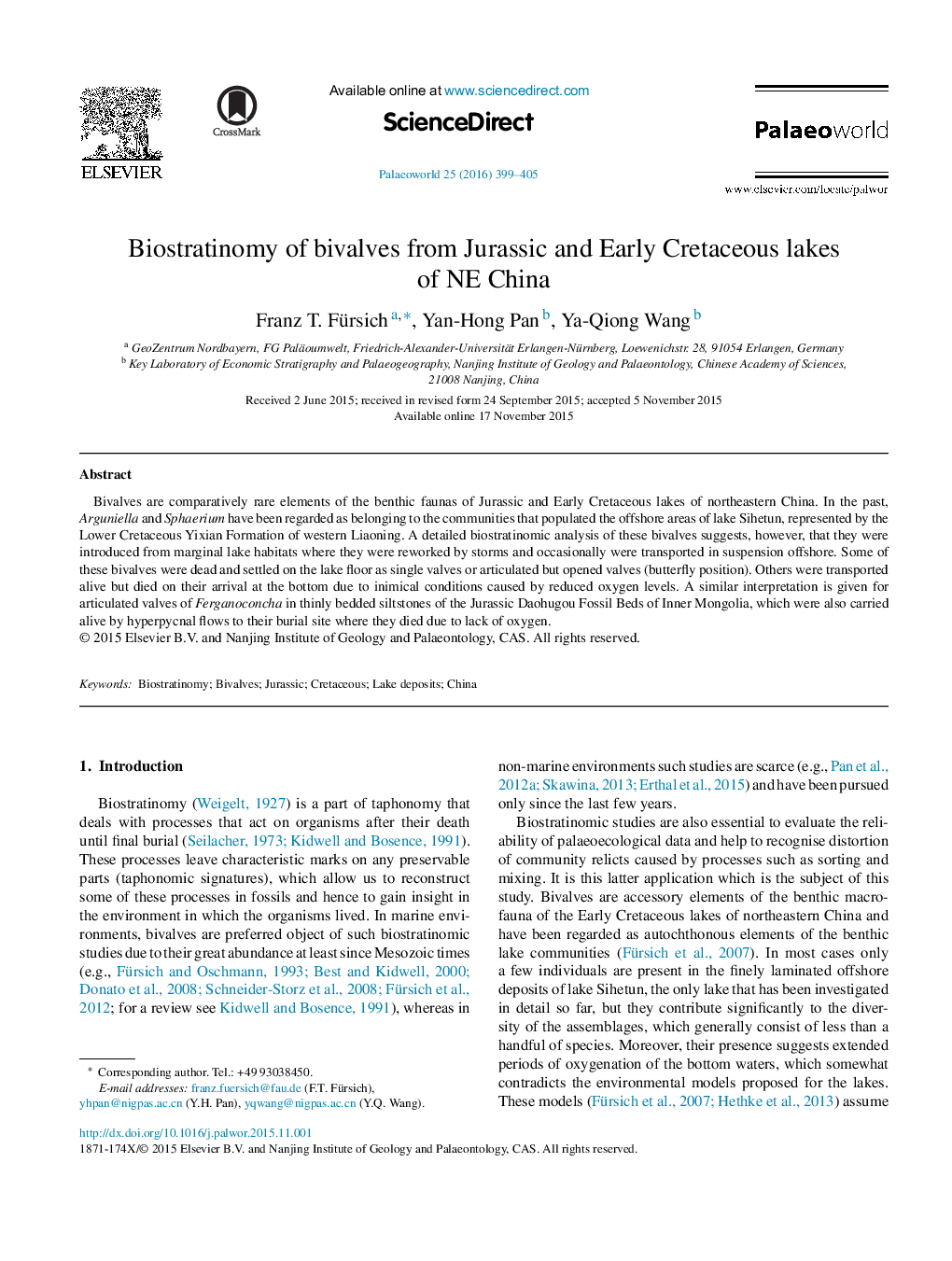 استراتینومی زیستی دوکفه از دریاچه های ژوراسیک و کرتاسه اولیه NE چین