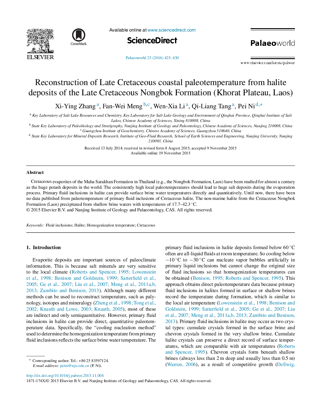 بازسازی paleotemperature ساحلی کرتاسه اواخر از ذخایر هالیت سازند Nongbok کرتاسه پسین (فلات خورات، لائوس)