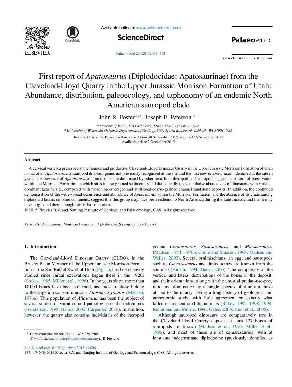 First report of Apatosaurus (Diplodocidae: Apatosaurinae) from the Cleveland-Lloyd Quarry in the Upper Jurassic Morrison Formation of Utah: Abundance, distribution, paleoecology, and taphonomy of an endemic North American sauropod clade