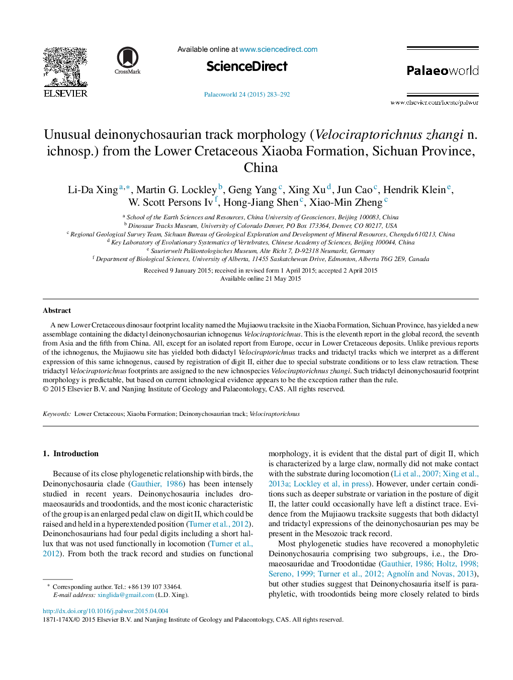 Unusual deinonychosaurian track morphology (Velociraptorichnus zhangi n. ichnosp.) from the Lower Cretaceous Xiaoba Formation, Sichuan Province, China