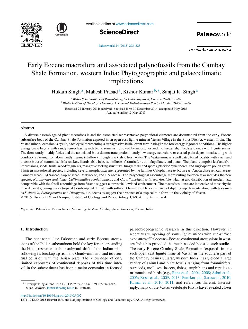 Early Eocene macroflora and associated palynofossils from the Cambay Shale Formation, western India: Phytogeographic and palaeoclimatic implications