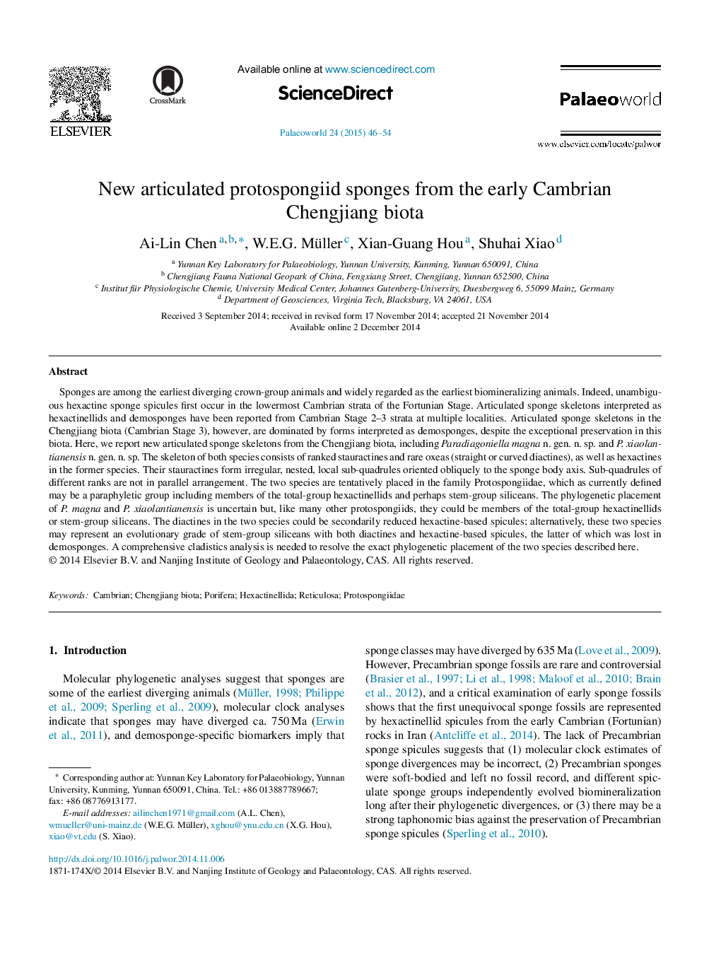 New articulated protospongiid sponges from the early Cambrian Chengjiang biota