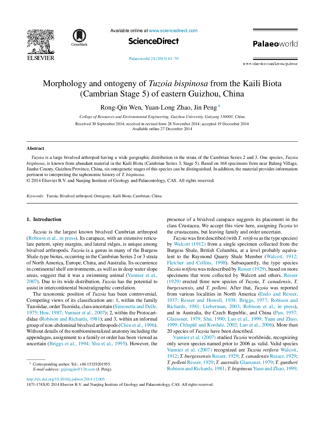 Morphology and ontogeny of Tuzoia bispinosa from the Kaili Biota (Cambrian Stage 5) of eastern Guizhou, China