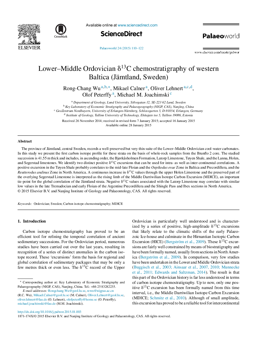 Lower–Middle Ordovician δ13C chemostratigraphy of western Baltica (Jämtland, Sweden)