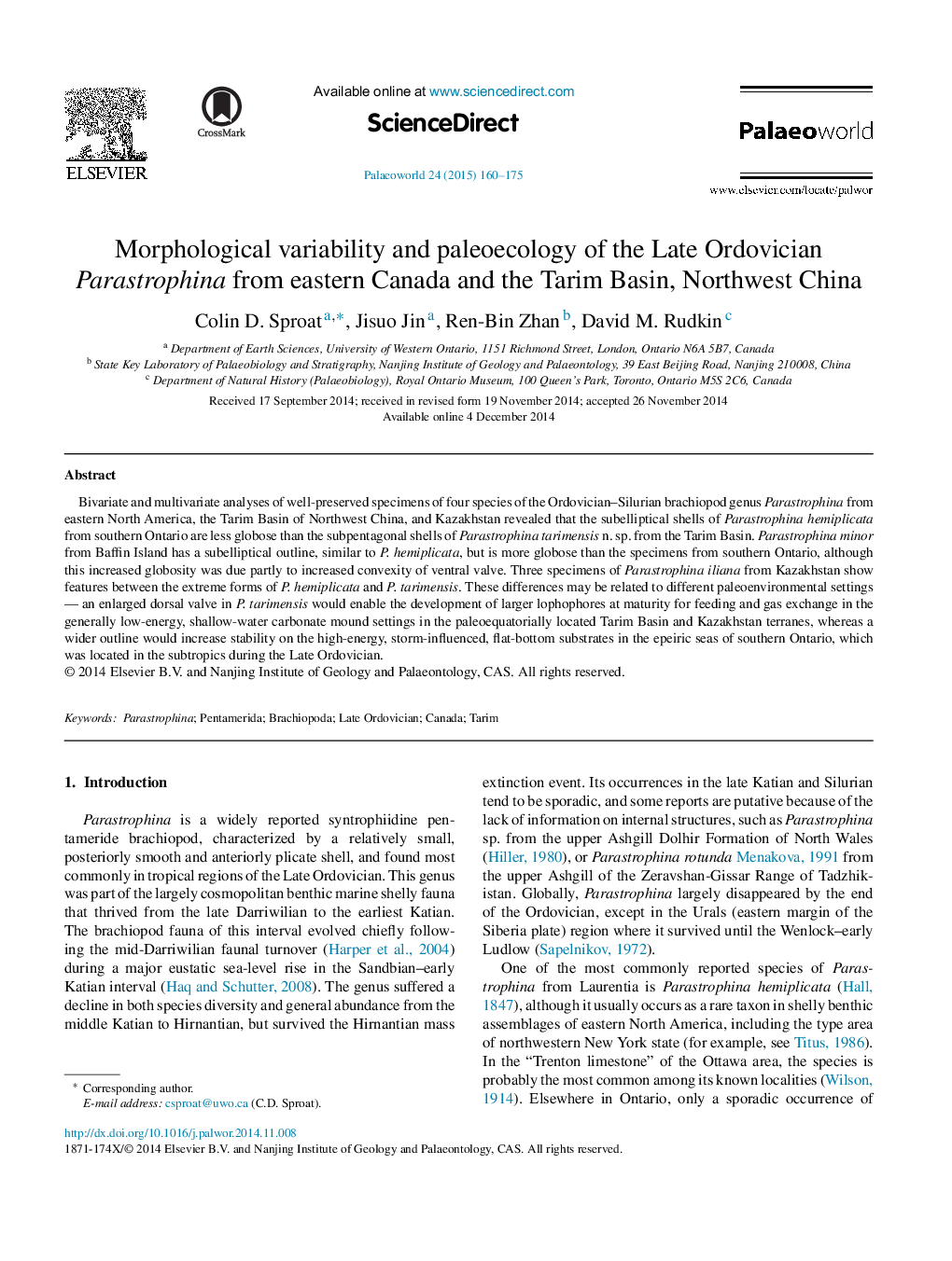 Morphological variability and paleoecology of the Late Ordovician Parastrophina from eastern Canada and the Tarim Basin, Northwest China