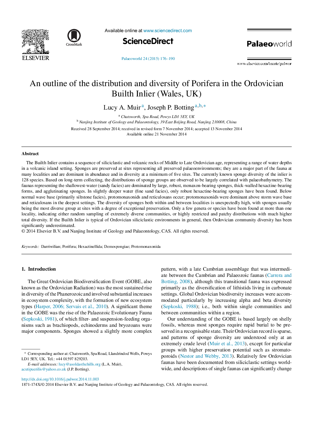 An outline of the distribution and diversity of Porifera in the Ordovician Builth Inlier (Wales, UK)