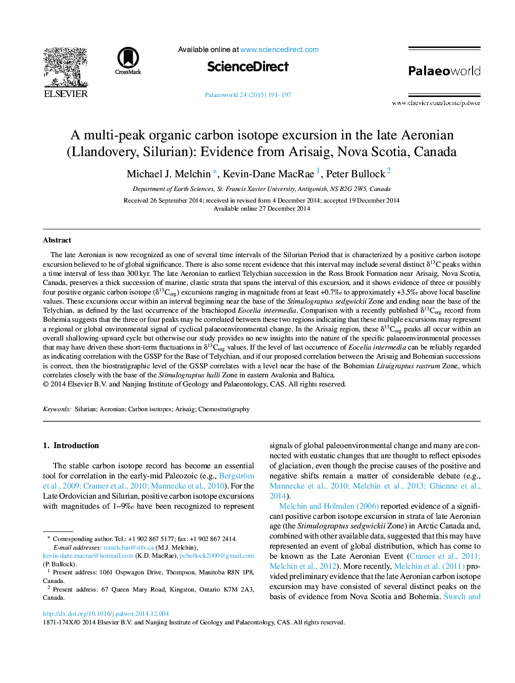 A multi-peak organic carbon isotope excursion in the late Aeronian (Llandovery, Silurian): Evidence from Arisaig, Nova Scotia, Canada