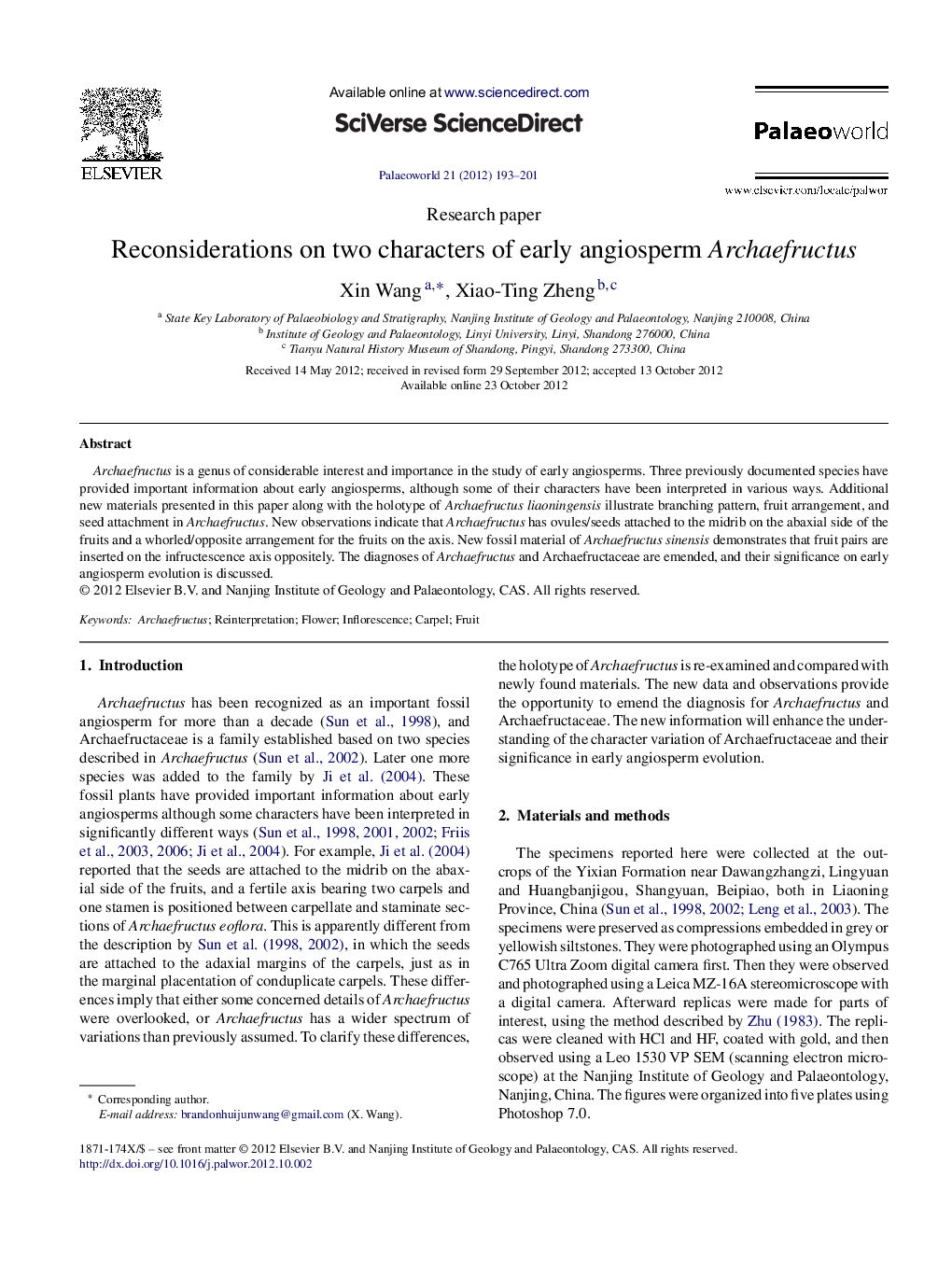 Reconsiderations on two characters of early angiosperm Archaefructus