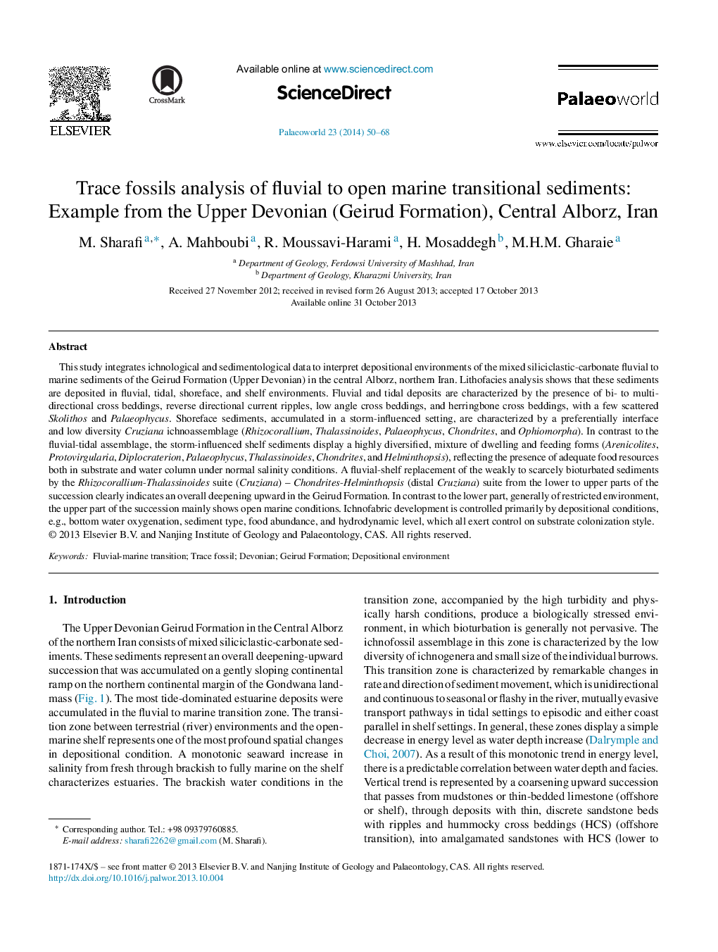 Trace fossils analysis of fluvial to open marine transitional sediments: Example from the Upper Devonian (Geirud Formation), Central Alborz, Iran