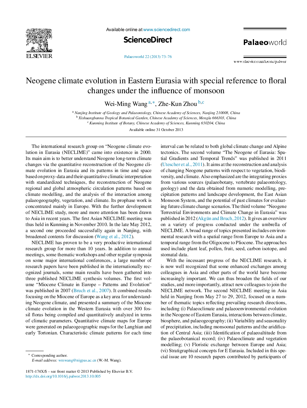 Neogene climate evolution in Eastern Eurasia with special reference to floral changes under the influence of monsoon